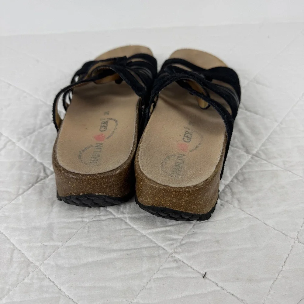 Haflinger‎ Black Suede Leather Strappy Cork Slide Sandals Womens 38 US 7